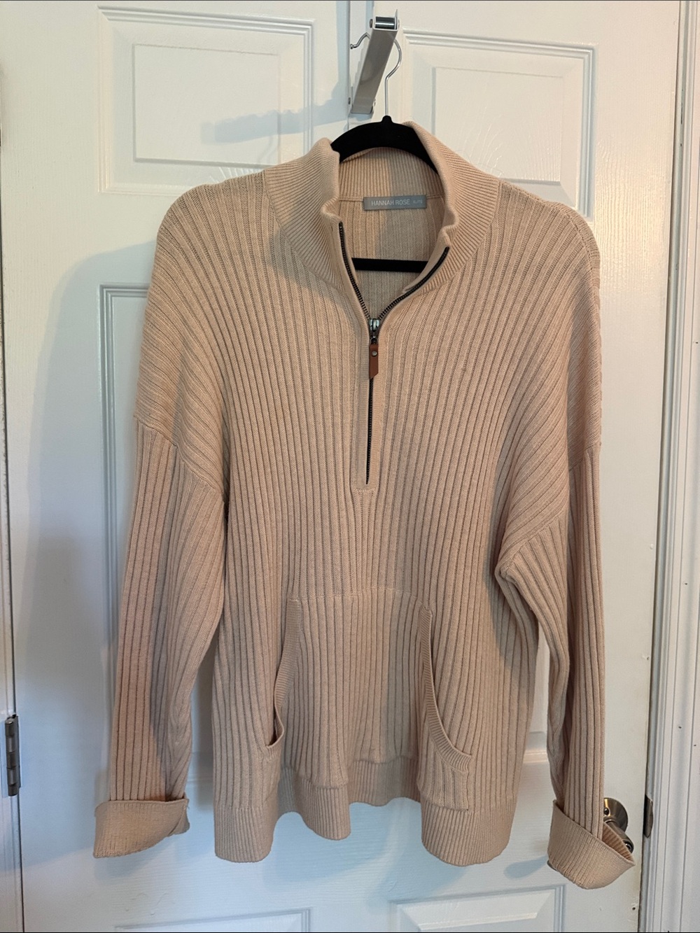 Hannah Rose Ribbed Half-Zip Pullover in Light Beige